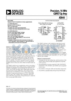 AD845KN datasheet - Precision, 16 MHz CBFET Op Amp