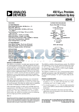 AD846 datasheet - 450 V/us, Precision, Current-Feedback Op Amp