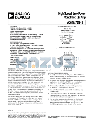 AD848AQ datasheet - High Speed, Low Power Monolithic Op Amp