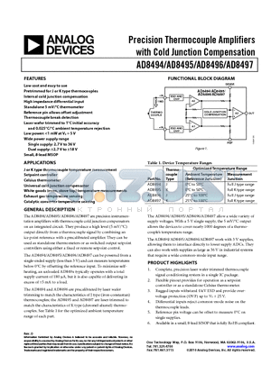AD8496 datasheet - Precision Thermocouple Amplifiers with Cold Junction Compensation