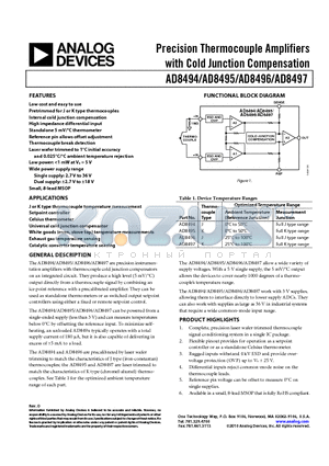 AD8497ARMZ datasheet - Precision Thermocouple Amplifiers with Cold Junction Compensation