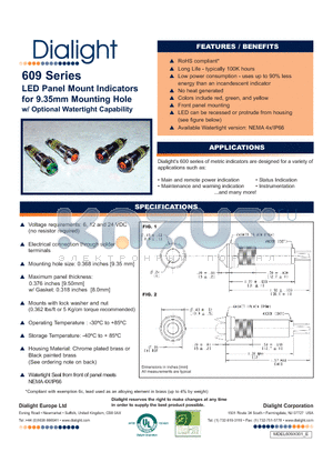 609-2222-140F datasheet - LED Panel Mount Indicators for 9.35mm Mounting Hole w/ Optional Watertight Capability