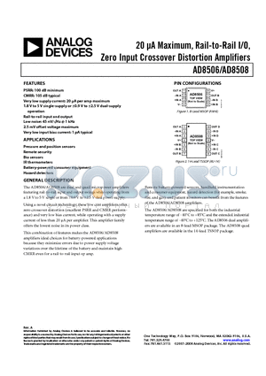 AD8506ARMZ-REEL datasheet - 20 lA Maximum, Rail-to-Rail I/O, Zero Input Crossover Distortion Amplifiers