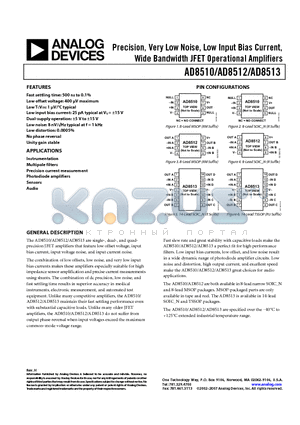 AD8510AR-REEL datasheet - Precision, Very Low Noise, Low Input Bias Current, Wide Bandwidth JFET Operational Amplifiers