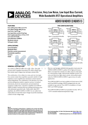 AD8510AR-REEL7 datasheet - Precision, Very Low Noise, Low Input Bias Current, Wide Bandwidth JFET Operational Amplifiers