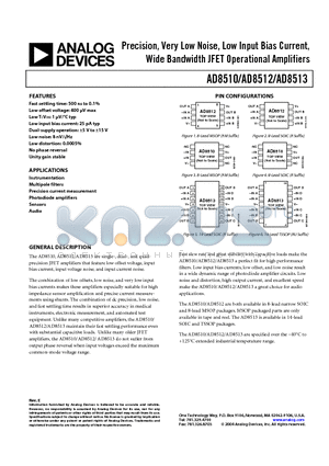 AD8510BR-REEL datasheet - Precision, Very Low Noise, Low Input Bias Current, Wide Bandwidth JFET Operational Amplifiers