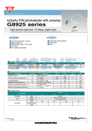 G8925-22 datasheet - InGaAs PIN photodiode with preamp