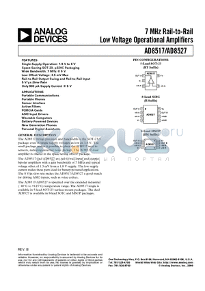 AD8527AR datasheet - 7 MHz Rail-to-Rail Low Voltage Operational Amplifiers