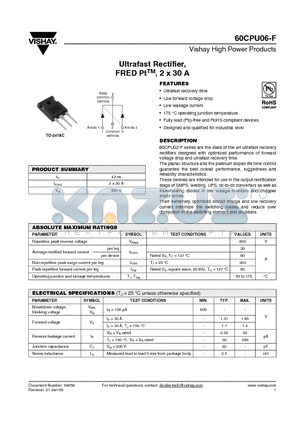 60CPU06-F datasheet - Ultrafast Rectifier, FRED Pt, 2 x 30 A