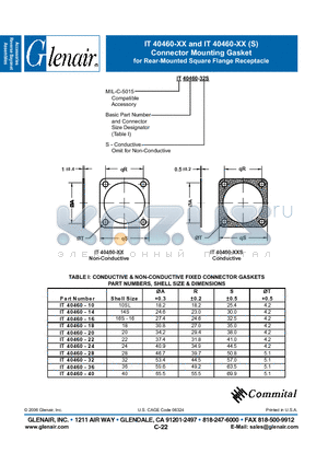 IT40460-20 datasheet - Connector Mounting Gasket for Rear-Mounted Square Flange Receptacle