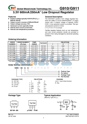 G910T65U datasheet - 3.3V 600mA/250mA Low Dropout Regulator
