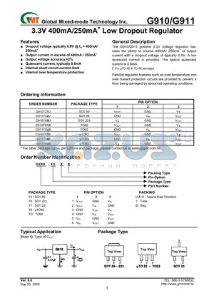 G910T83U datasheet - 3.3V 400mA/250mA Low Dropout Regulator