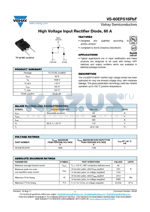 60EPS16PBF datasheet - High Voltage Input Rectifier Diode, 60 A