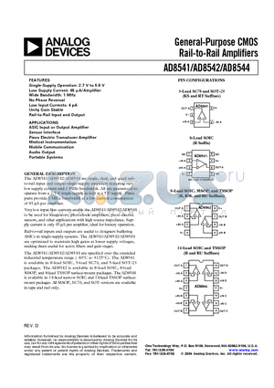 AD8541ARTZ-REEL7 datasheet - General Purpose CMOS Rail-to-Rail Amplifiers