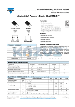 60EPU04PBF datasheet - Ultrafast Soft Recovery Diode, 60 A FRED Pt