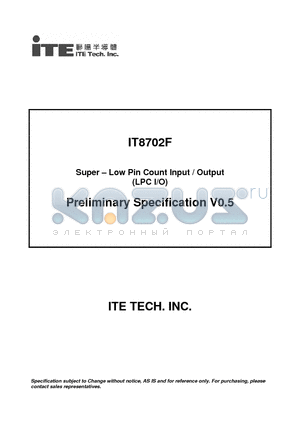 IT8702F datasheet - Super-Low Pin Count Input/Output (LPC I/O)