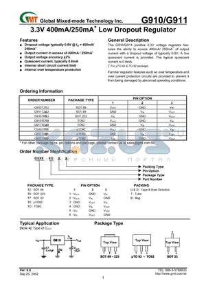 G911T21U datasheet - 3.3V 400mA/250mA Low Dropout Regulator