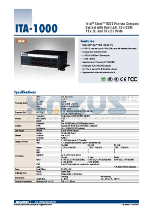 ITA-1100-00A1E datasheet - Intel^ Atom N270 Fanless Compact System with Dual LAN, 12 x COM, 16 x DI, and 16 x DO Ports