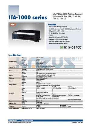 ITA-1000-00A1E datasheet - Intel^ Atom N270 Fanless Compact System with Dual LAN, 12 x COM, 16 x DI, 16 x DO
