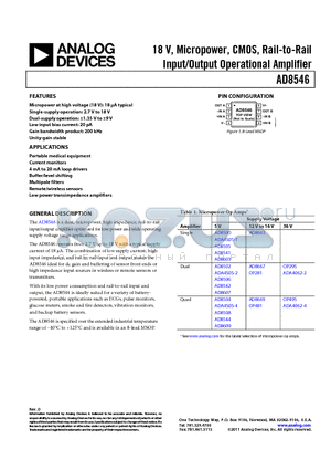 AD8546 datasheet - 18 V, Micropower, CMOS, Rail-to-Rail Input/Output Operational Amplifier