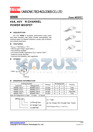 60N06G-TF3-T datasheet - 60A, 60V N-CHANNEL POWER MOSFET