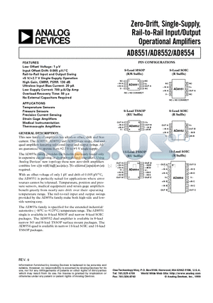 AD8552 datasheet - Zero-Drift, Single-Supply, Rail-to-Rail Input/Output Operational Amplifiers
