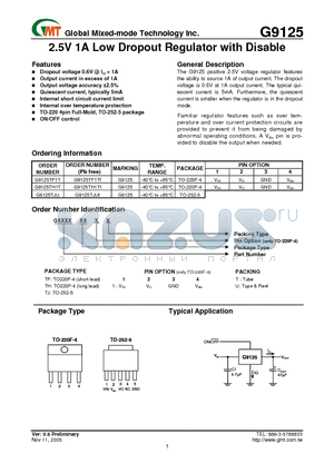 G9125TF1U datasheet - 2.5V 1A Low Dropout Regulator with Disable