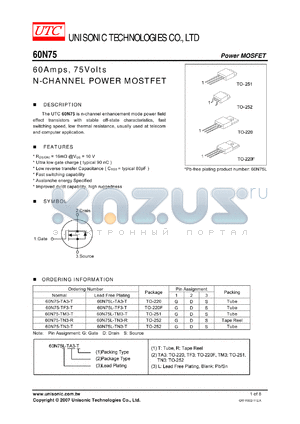 60N75L-TF3-T datasheet - 60Amps, 75Volts N-CHANNEL POWER MOSTFET