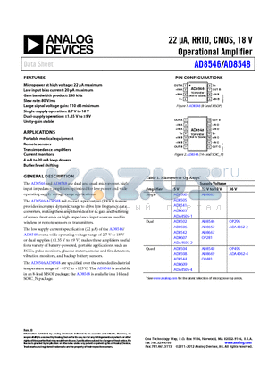 AD8548ARZ-RL datasheet - 22 lA, RRIO, CMOS, 18 V