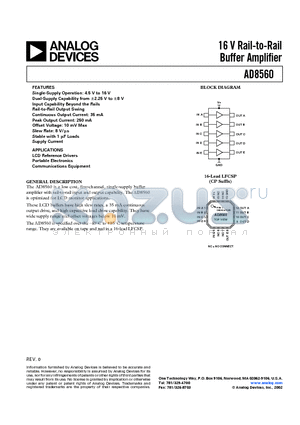 AD8560 datasheet - 16 V Rail-to-Rail Buffer Amplifier