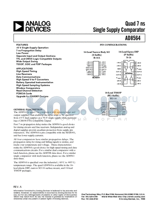 AD8564AN datasheet - Quad 7 ns Single Supply Comparator