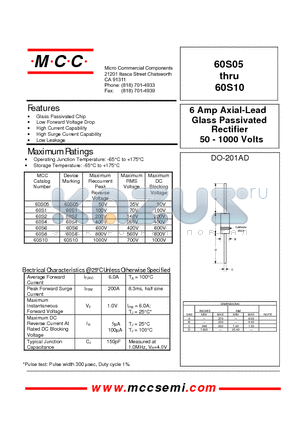 60S05 datasheet - Rectifier 50 - 1000 Volts 6 Amp Axial-Lead Glass Passivated