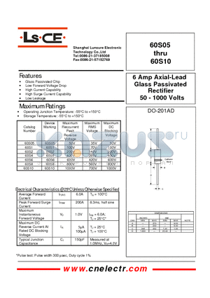 60S05 datasheet - 6 Amp Axial-Lead Glass Passivated Rectifier 50-1000Volts