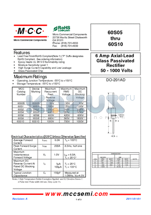 60S05 datasheet - 6 Amp Axial-Lead Glass Passivated Rectifier 50 - 1000 Volts