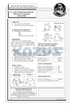 H11AA1 datasheet - A.C. INPUT PHOTOTRANSISTOR OPTICALLY COUPLED ISOLATORS