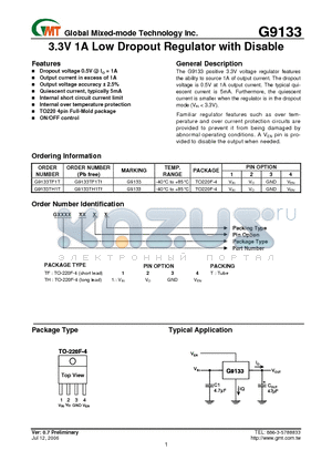 G9133 datasheet - 3.3V 1A Low Dropout Regulator with Disable
