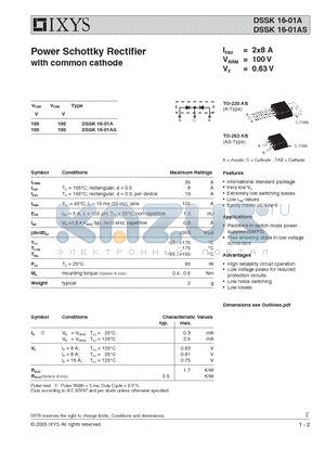 DSSK16-01A datasheet - Power Schottky Rectifier with common cathode