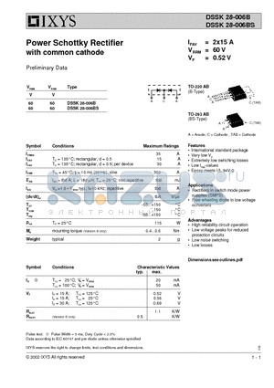 DSSK28-006BS datasheet - Power Schottky Rectifier with common cathode