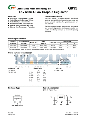 G915T24U datasheet - 1.5V 600mA Low Dropout Regulator
