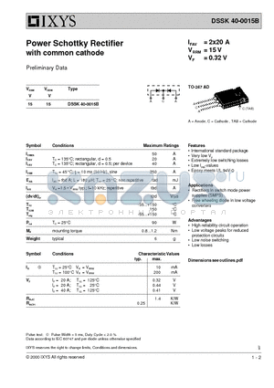 DSSK40-0015B datasheet - Power Schottky Rectifier with common cathode