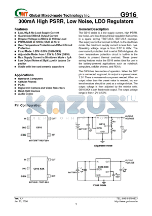 G916-130T1U datasheet - 300mA High PSRR, Low Noise, LDO Regulators