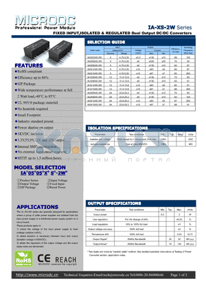 IA0509XS-2W datasheet - FIXED INPUT,ISOLATED & REGULATED Dual Output DC/DC Converters