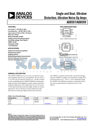 AD8597ARZ-REEL datasheet - Single and Dual, Ultralow Distortion, Ultralow Noise Op Amps