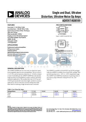 AD8597ARZ-REEL7 datasheet - Single and Dual, Ultralow Distortion, Ultralow Noise Op Amps