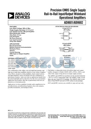 AD8601DRT datasheet - Precision CMOS Single Supply Rail-to-Rail Input/Output Wideband Operational Amplifiers