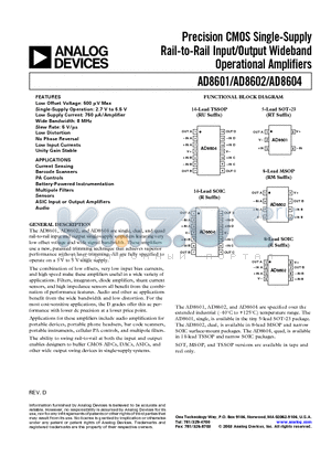 AD8602AR-REEL7 datasheet - Precision CMOS Single-Supply Rail-to-Rail Input/Output Wideband Operational Amplifiers