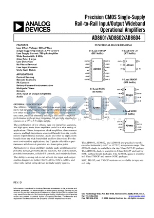 AD8602ARM-R2 datasheet - Precision CMOS Single-Supply Rail-to-Rail Input/Output Wideband Operational Amplifiers