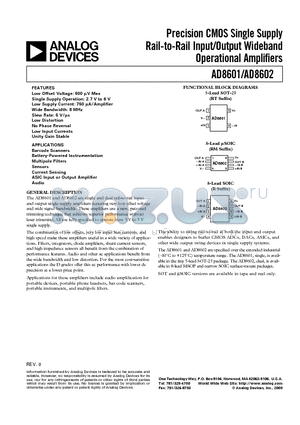 AD8602DRM datasheet - Precision CMOS Single Supply Rail-to-Rail Input/Output Wideband Operational Amplifiers