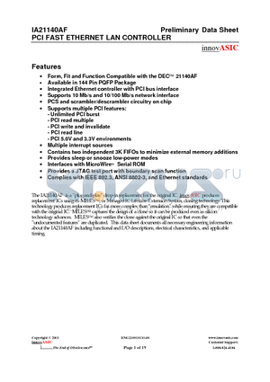 IA21140AF-PQF144I datasheet - PCI FAST ETHERNET LAN CONTROLLER