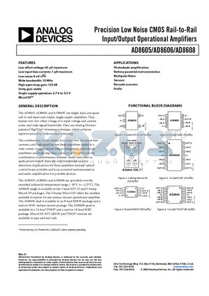 AD8605 datasheet - Precision Low noise CMOS Rail-to-Rail Input/Output Operational Amplifiers